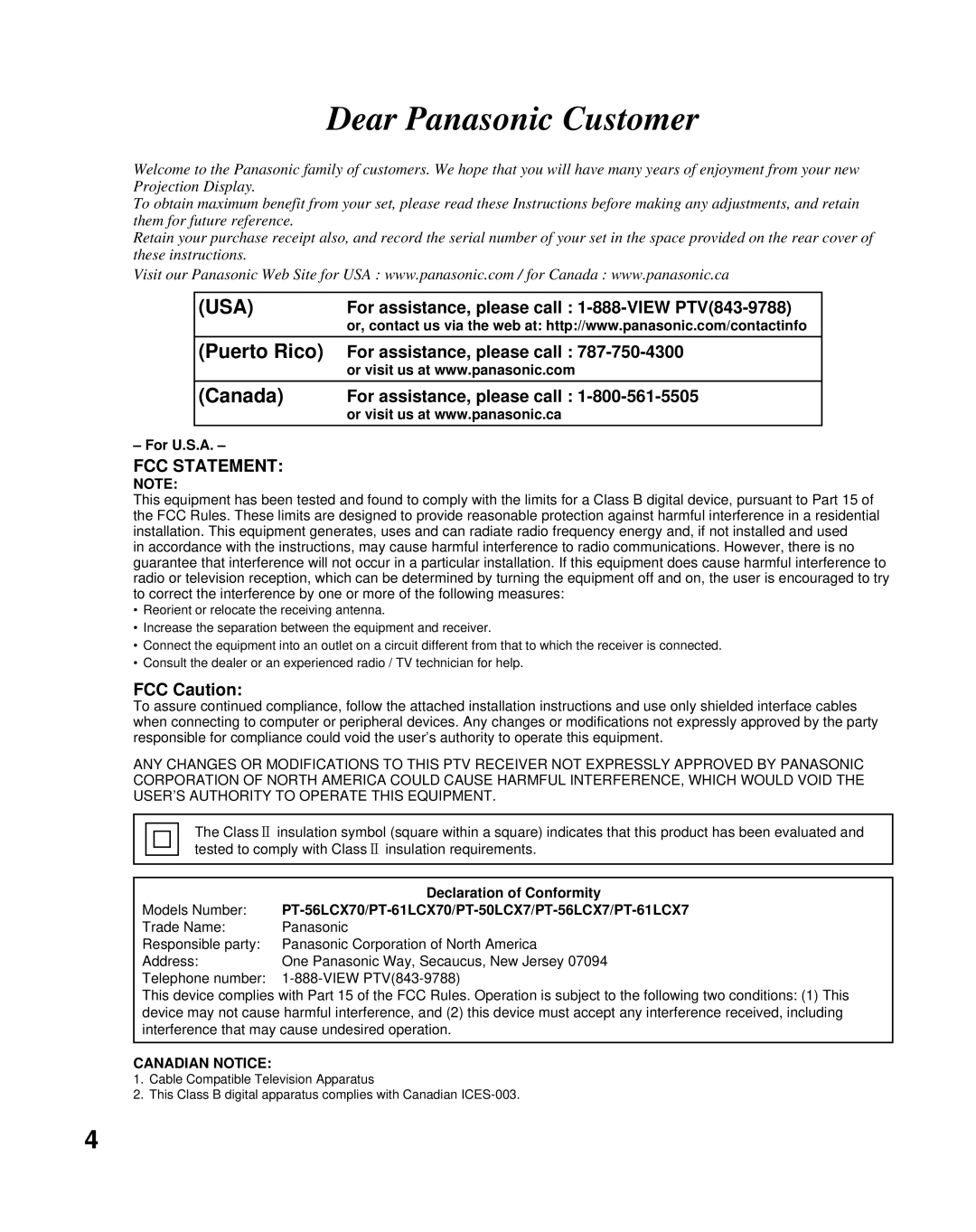 Panasonic PT-56LCX70 manual For assistance, please call 1-888-VIEW PTV843-9788, FCC Caution, Canadian Notice 