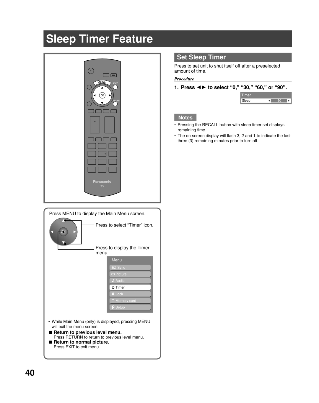 Panasonic PT-56LCX70 manual Sleep Timer Feature, Set Sleep Timer, Press to select 0, 30, 60, or 