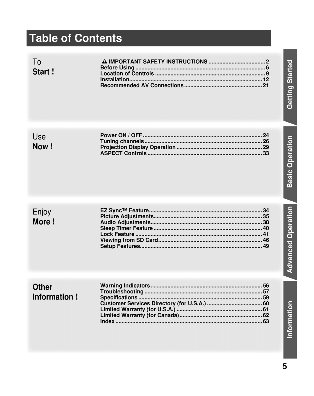 Panasonic PT-56LCX70 manual Table of Contents 