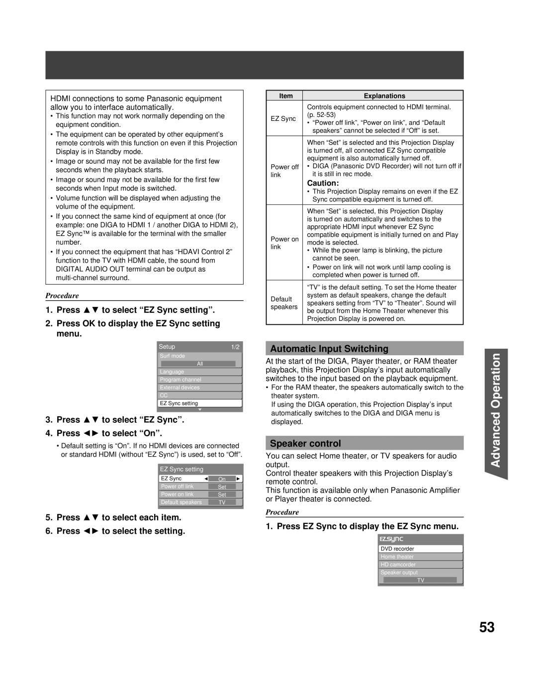 Panasonic PT-56LCX70 manual Automatic Input Switching, Speaker control, Press to select EZ Sync Press to select On 