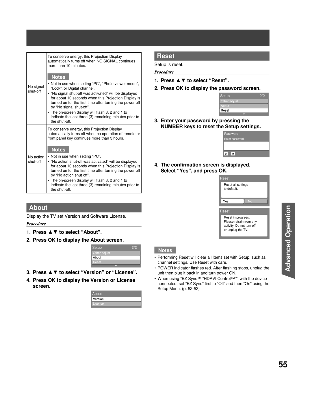 Panasonic PT-56LCX70 manual Reset, Press to select About Press OK to display the About screen 