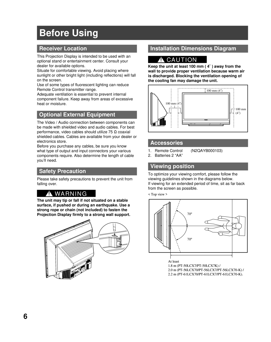 Panasonic PT-56LCX70 manual Before Using 