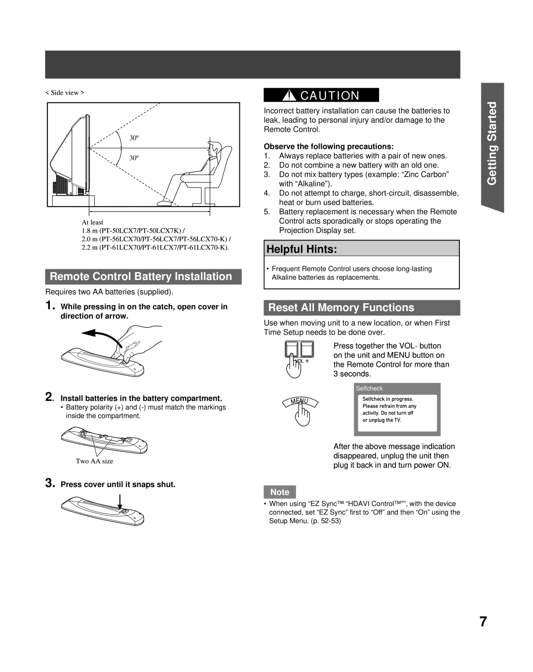 Panasonic PT-56LCX70 Remote Control Battery Installation, Reset All Memory Functions, Press cover until it snaps shut 