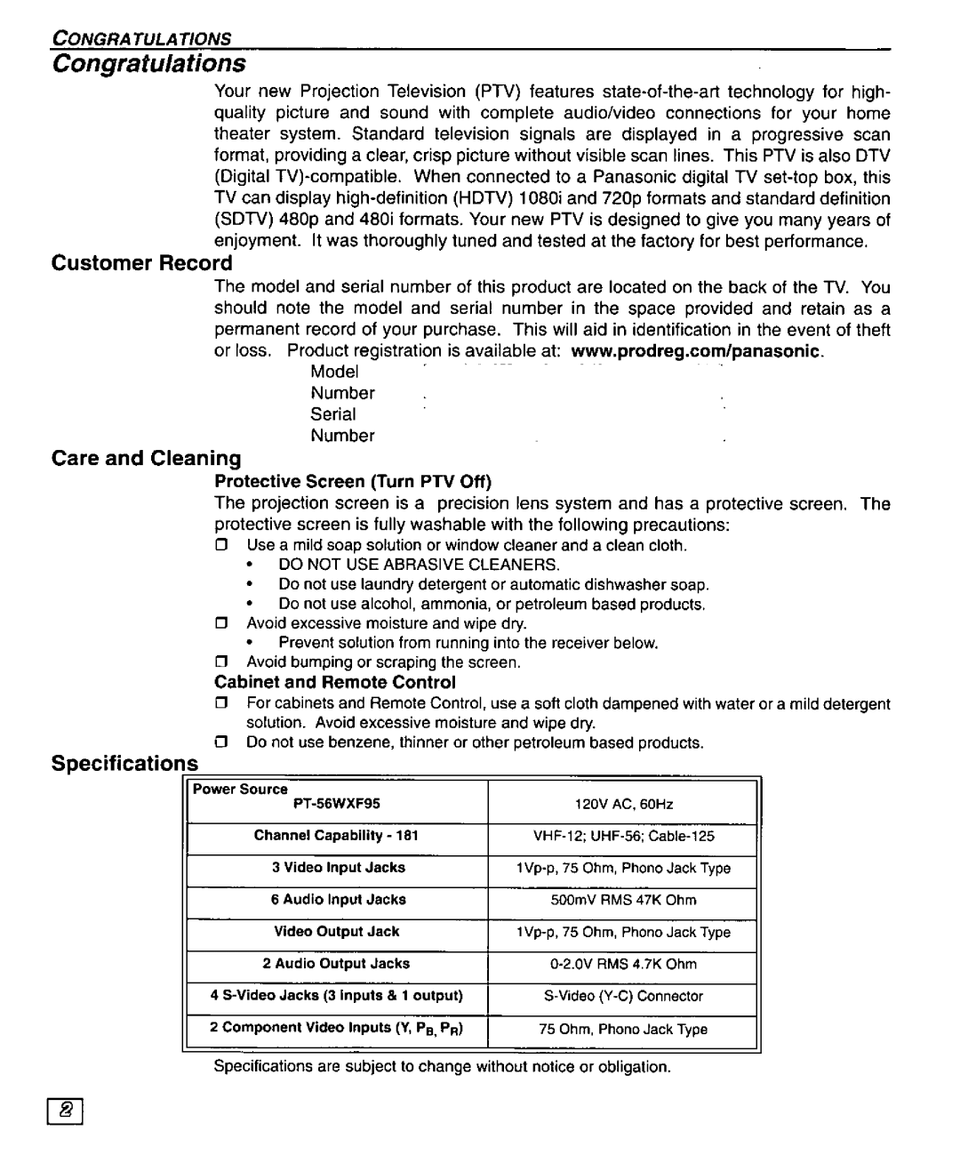 Panasonic PT 56WXF95 manual 