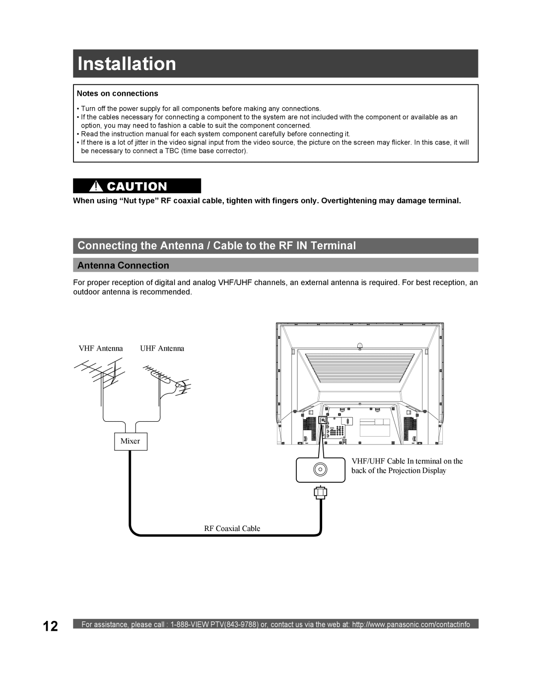 Panasonic PT 61DLX75 manual Installation, Connecting the Antenna / Cable to the RF in Terminal, Antenna Connection 