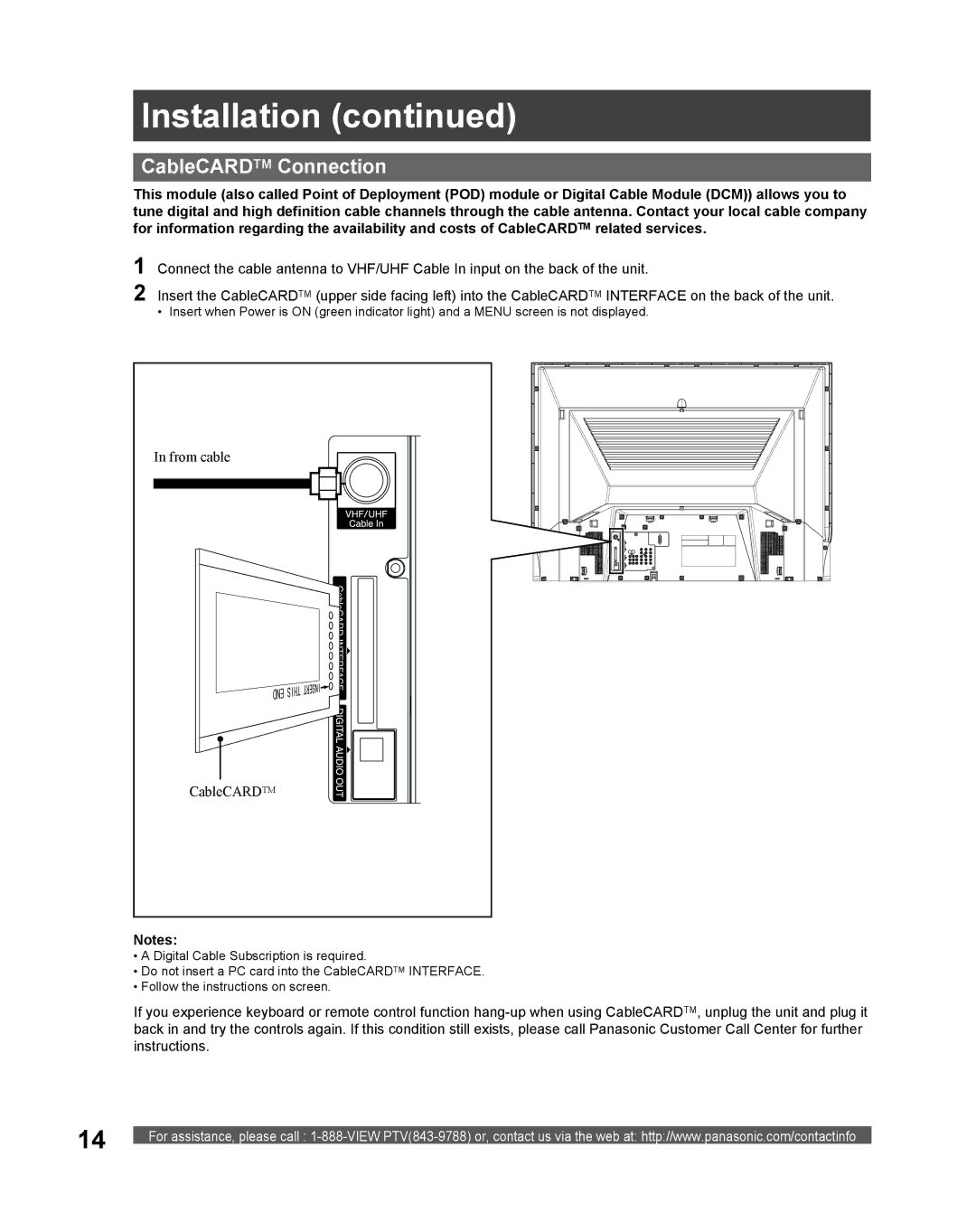 Panasonic PT 61DLX75 manual CableCARDTM Connection, From cable CableCARDTM 