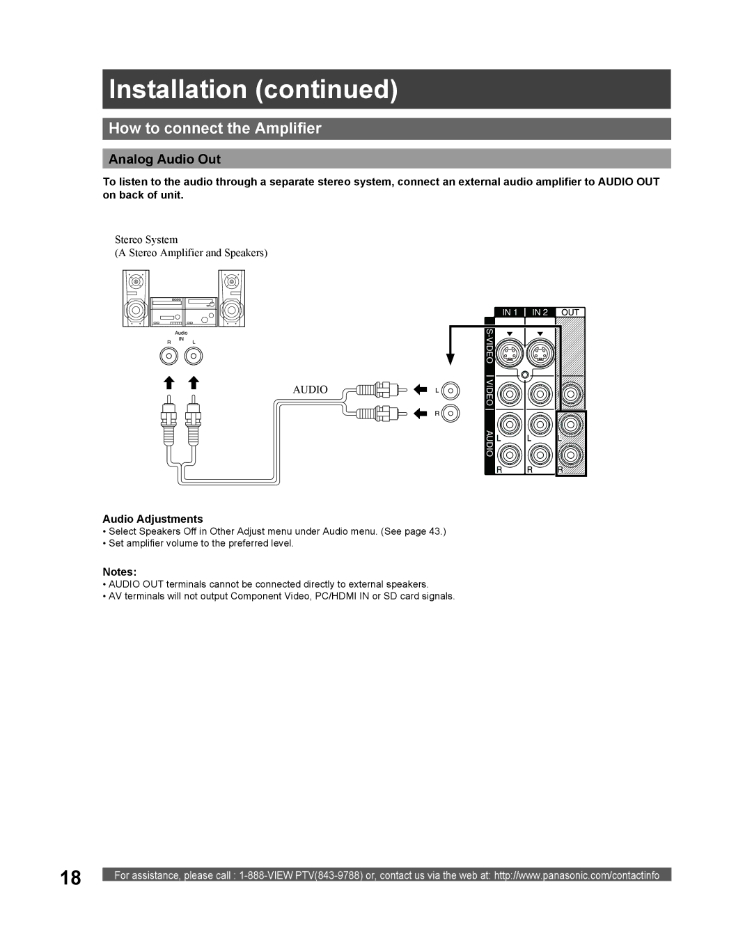 Panasonic PT 61DLX75 manual How to connect the Amplifier, Analog Audio Out, Audio Adjustments 