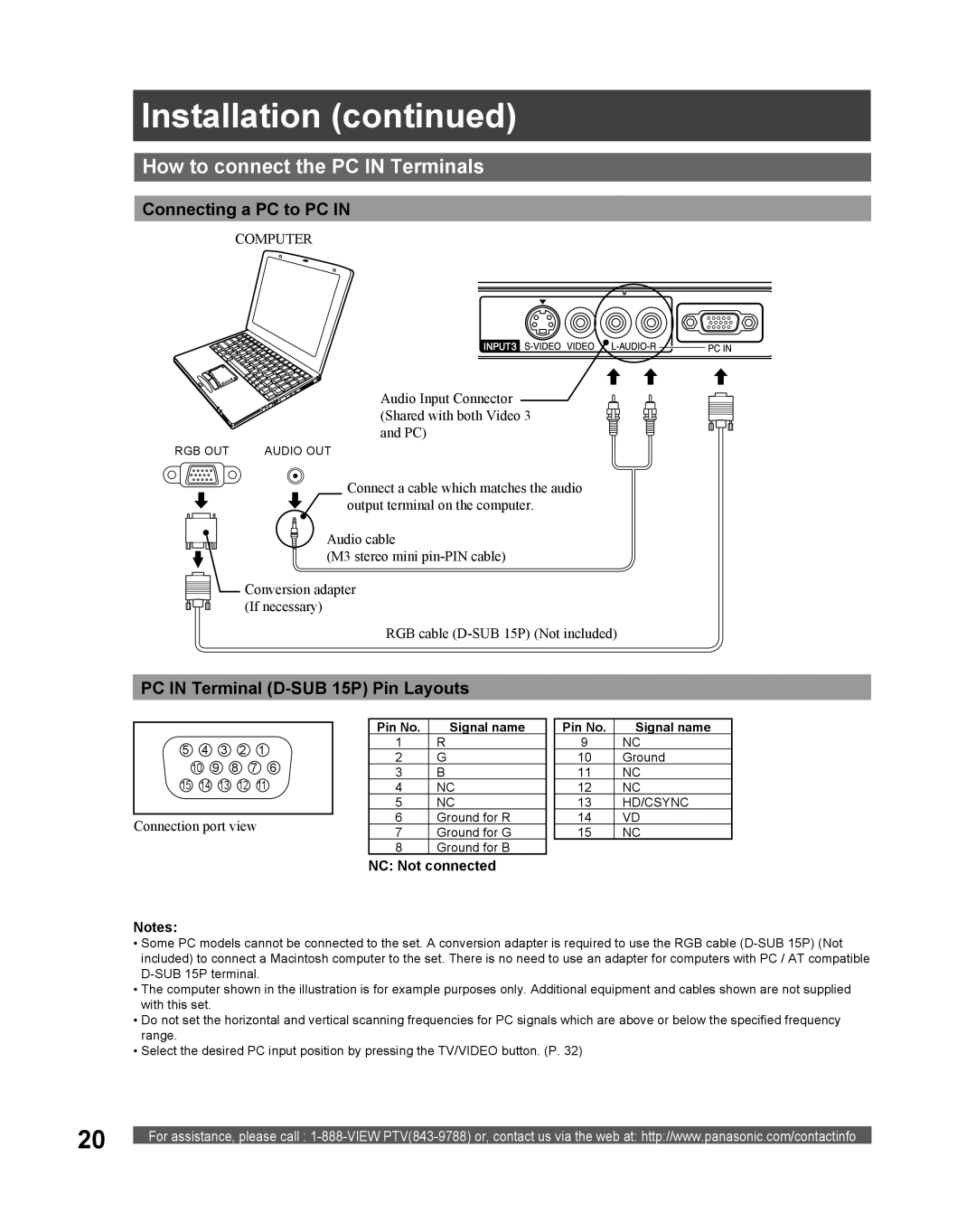 Panasonic PT 61DLX75 manual How to connect the PC in Terminals, Connecting a PC to PC, PC in Terminal D-SUB 15P Pin Layouts 