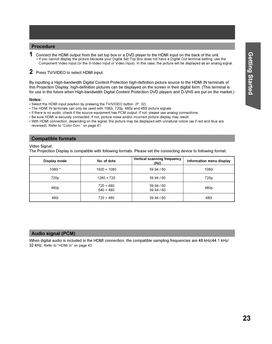 Panasonic PT 61DLX75 manual Procedure, Compatible formats, Audio signal PCM 