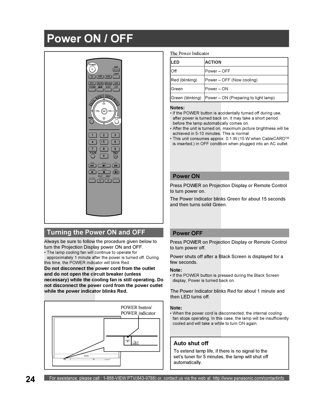 Panasonic PT 61DLX75 manual Power on / OFF, Turning the Power on and OFF, Power OFF, Auto shut off 