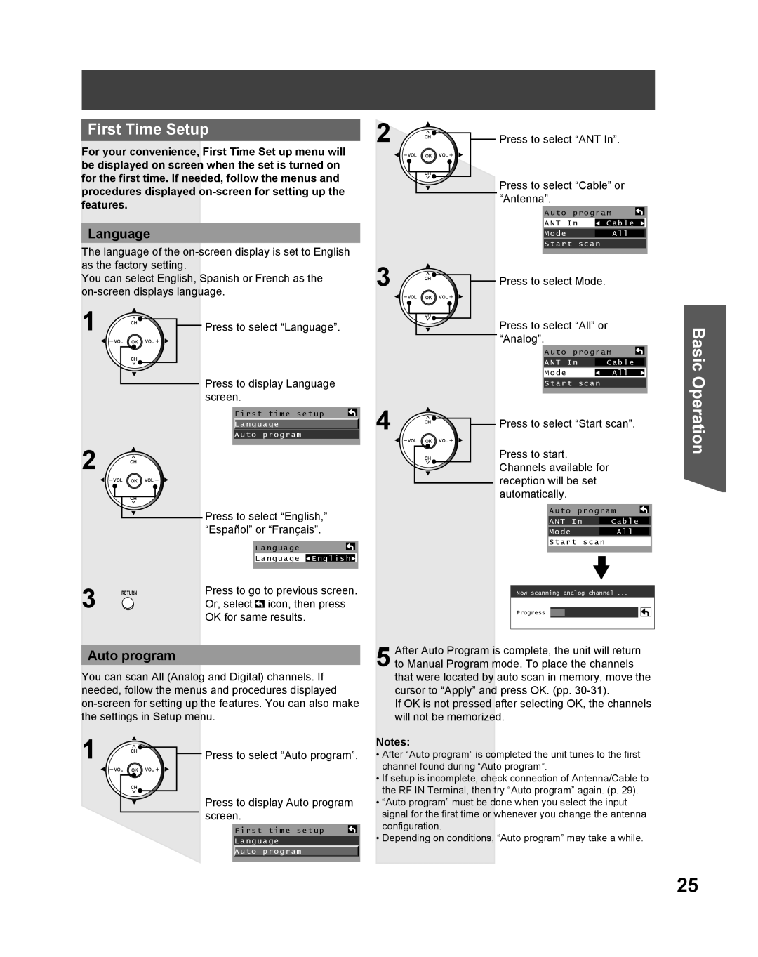 Panasonic PT 61DLX75 manual First Time Setup, Language, Auto program 