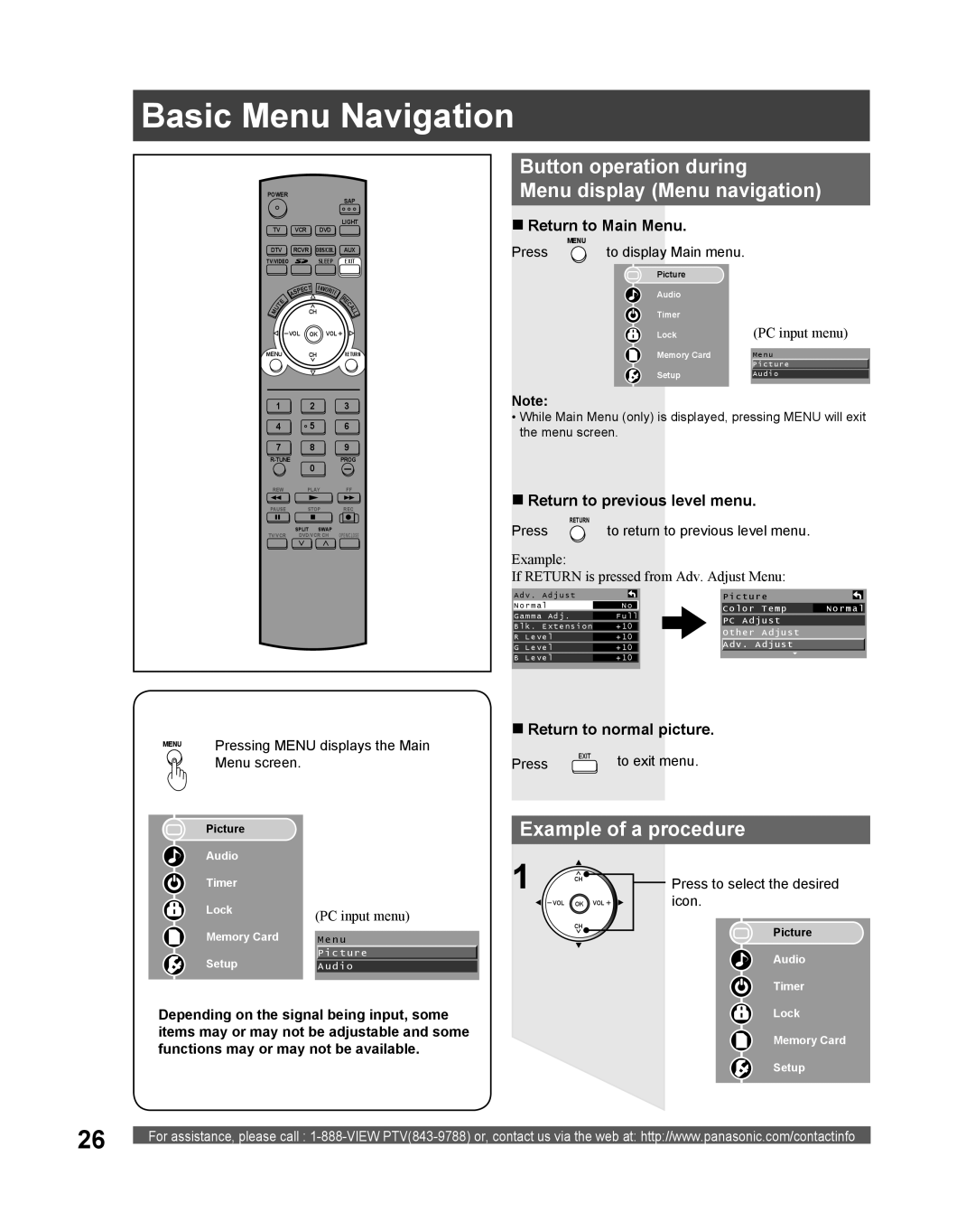 Panasonic PT 61DLX75 Basic Menu Navigation, Button operation during Menu display Menu navigation, Example of a procedure 