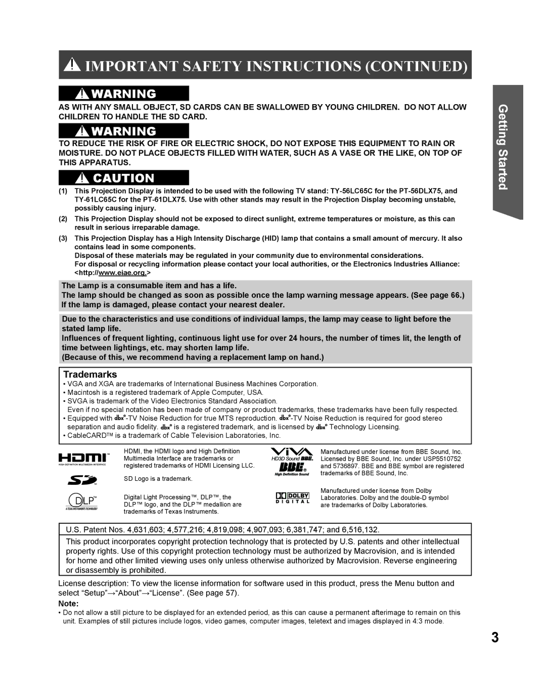 Panasonic PT 61DLX75 manual Getting Started, Trademarks 