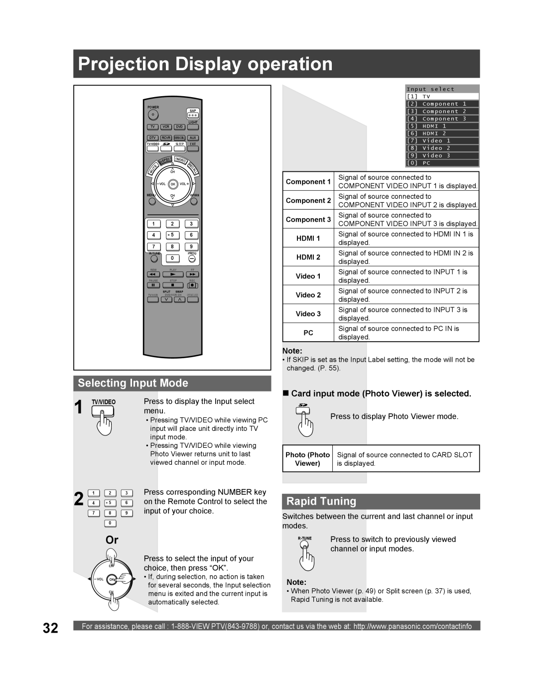 Panasonic PT 61DLX75 manual Projection Display operation, Selecting Input Mode, Rapid Tuning 