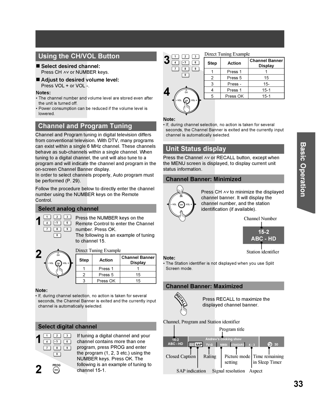 Panasonic PT 61DLX75 manual Using the CH/VOL Button, Channel and Program Tuning, Unit Status display 