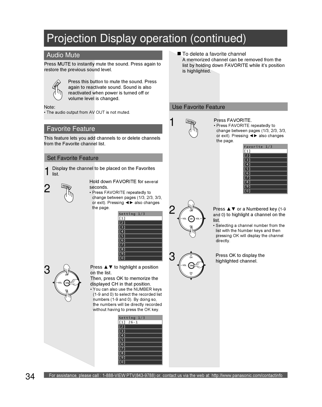 Panasonic PT 61DLX75 manual Audio Mute, Use Favorite Feature, Set Favorite Feature, To delete a favorite channel 