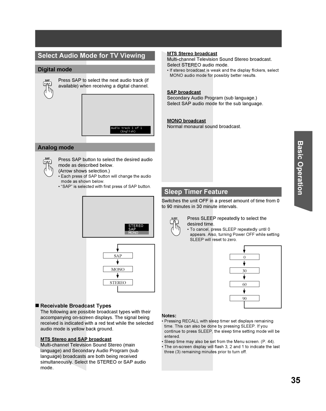 Panasonic PT 61DLX75 manual Select Audio Mode for TV Viewing, Sleep Timer Feature, Digital mode, Analog mode 