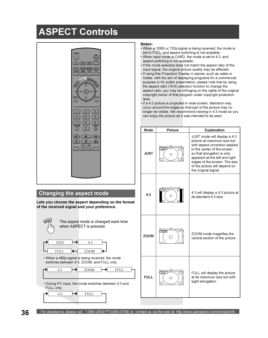 Panasonic PT 61DLX75 Aspect Controls, Changing the aspect mode, Aspect mode is changed each time When Aspect is pressed 