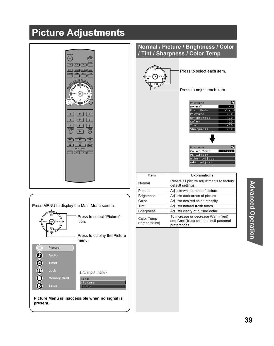 Panasonic PT 61DLX75 manual Picture Adjustments, Picture Menu is inaccessible when no signal is present 