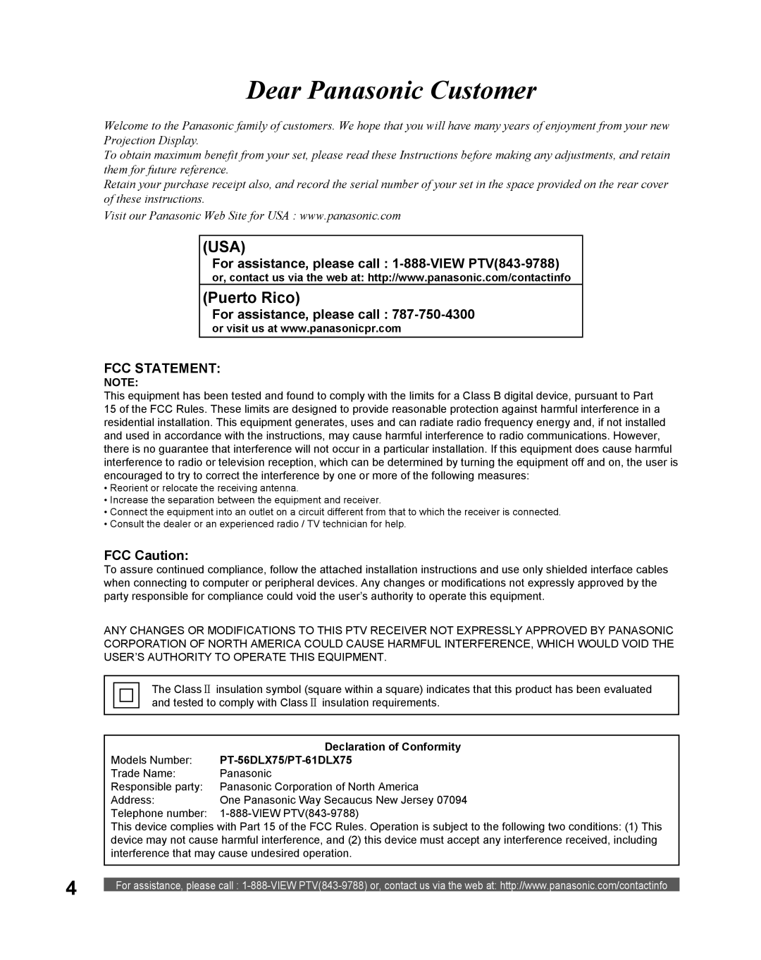 Panasonic PT 61DLX75 manual For assistance, please call 1-888-VIEW PTV843-9788, FCC Caution, Declaration of Conformity 