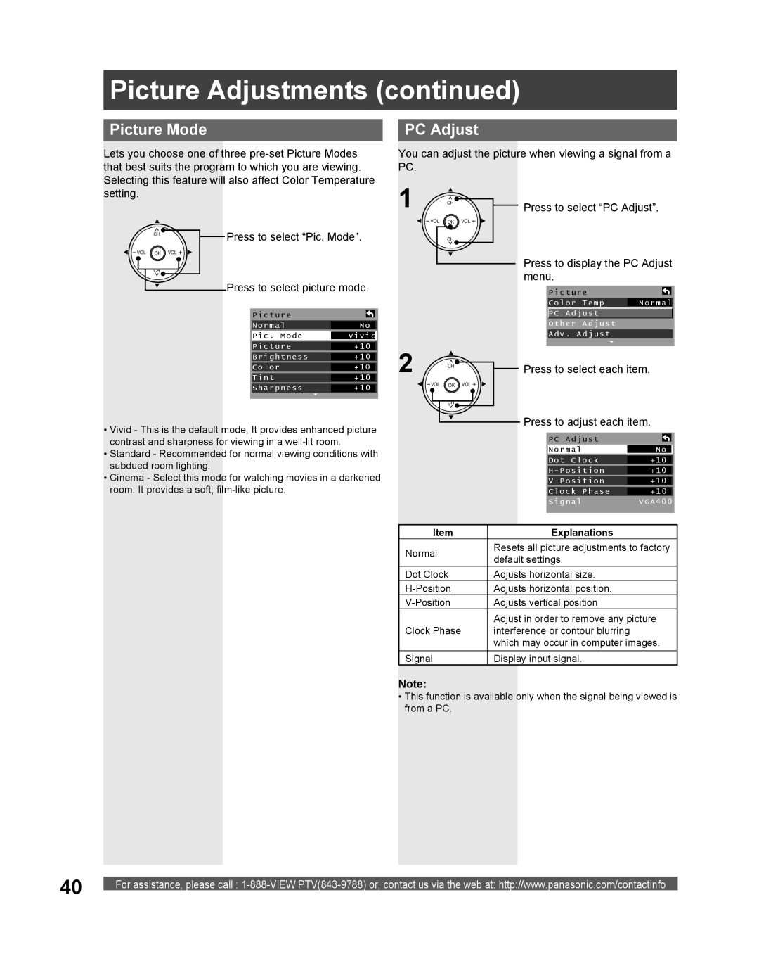 Panasonic PT 61DLX75 manual Picture Mode, PC Adjust, You can adjust the picture when viewing a signal from a PC 