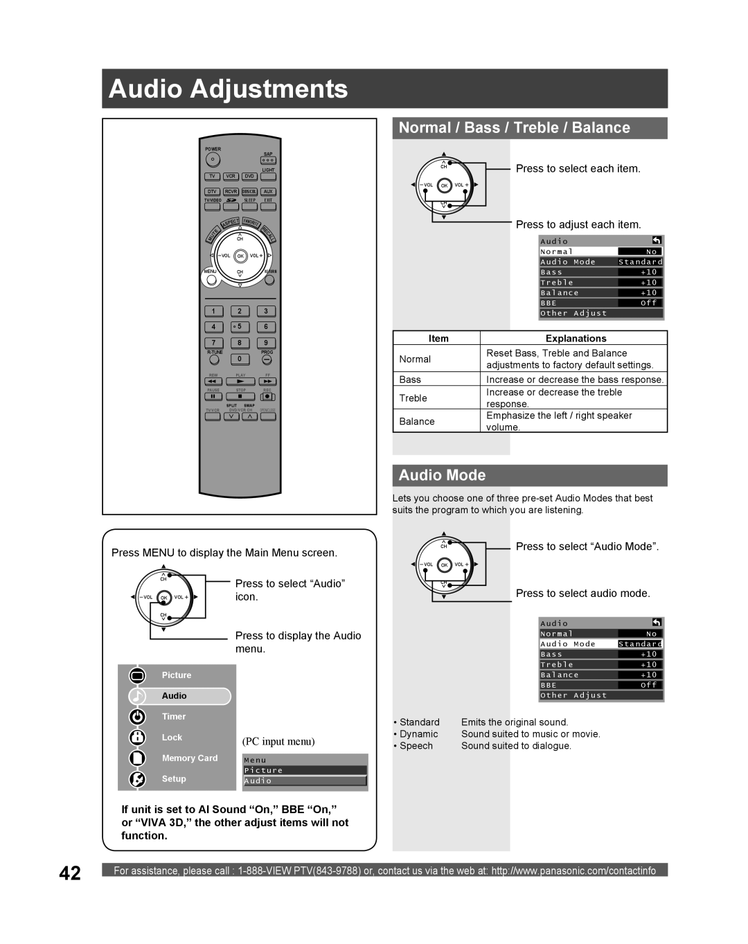 Panasonic PT 61DLX75 manual Audio Adjustments, Normal / Bass / Treble / Balance, CH Press to select Audio Mode 