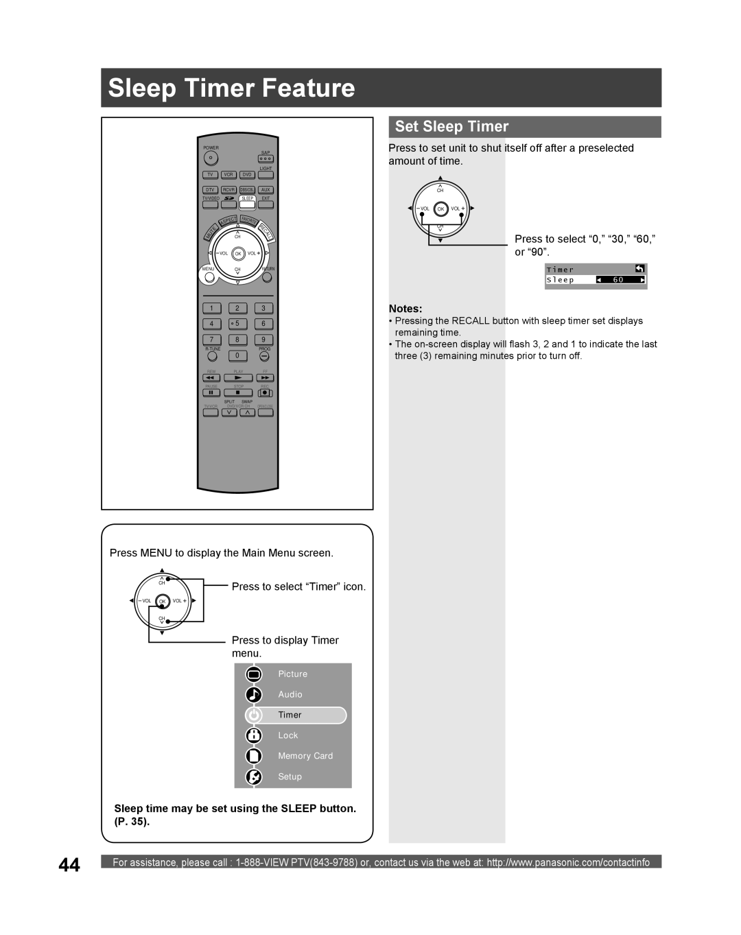 Panasonic PT 61DLX75 manual Sleep Timer Feature, Set Sleep Timer, Press to select 0, 30, 60, or 