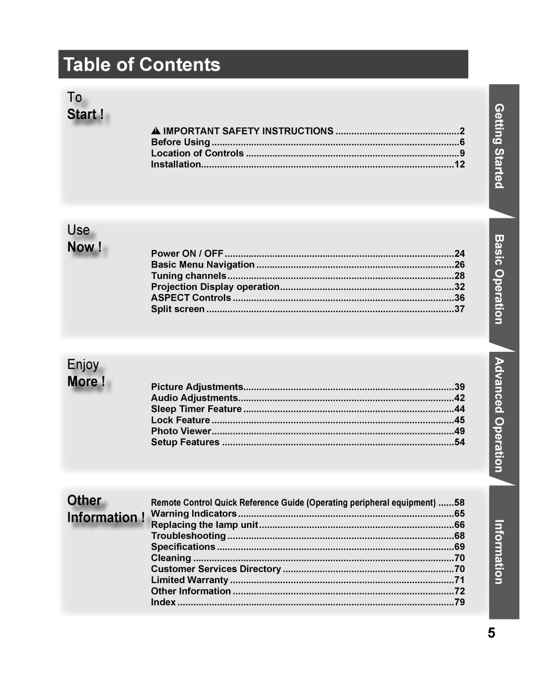 Panasonic PT 61DLX75 manual Table of Contents 