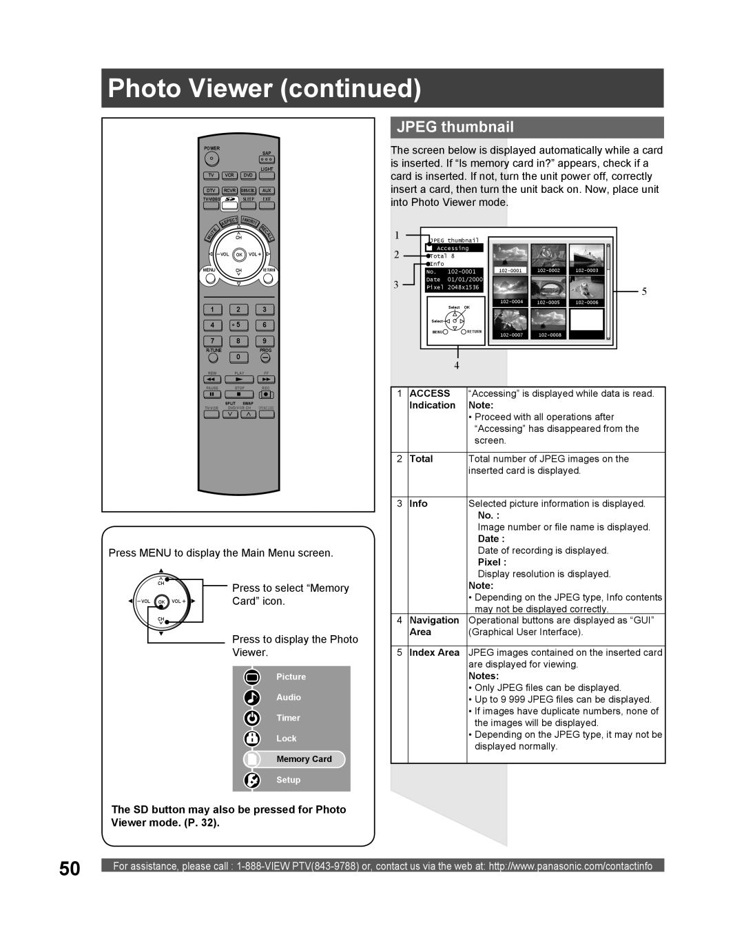 Panasonic PT 61DLX75 manual Jpeg thumbnail, SD button may also be pressed for Photo Viewer mode. P 