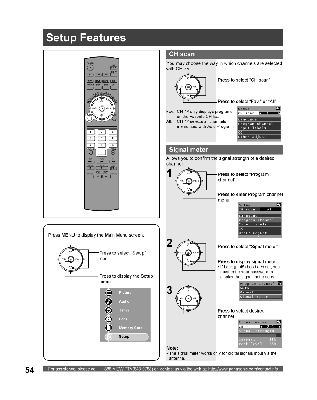 Panasonic PT 61DLX75 manual Setup Features, CH scan, Signal meter, Press to display signal meter 