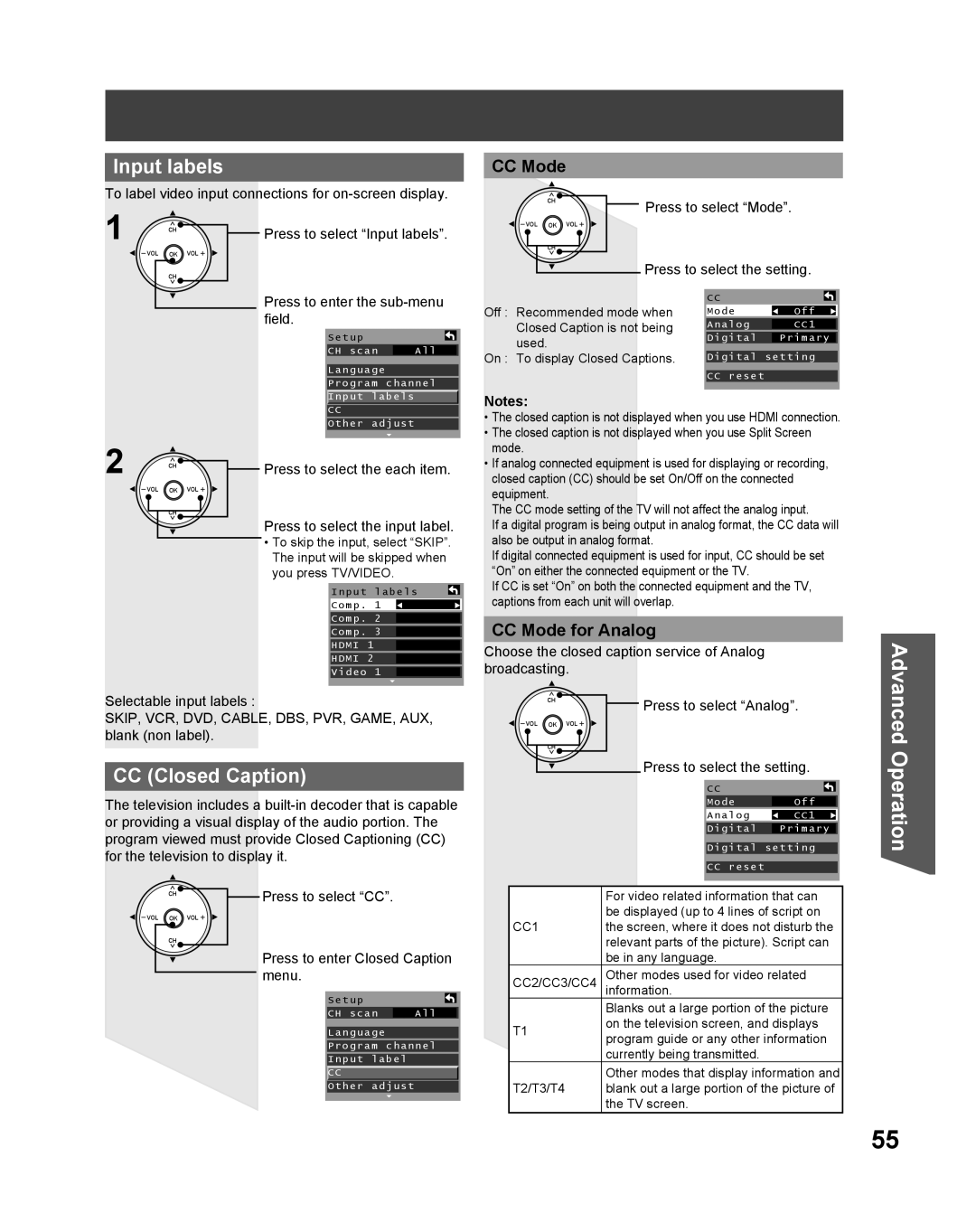 Panasonic PT 61DLX75 manual Input labels, CC Closed Caption, CC Mode for Analog 