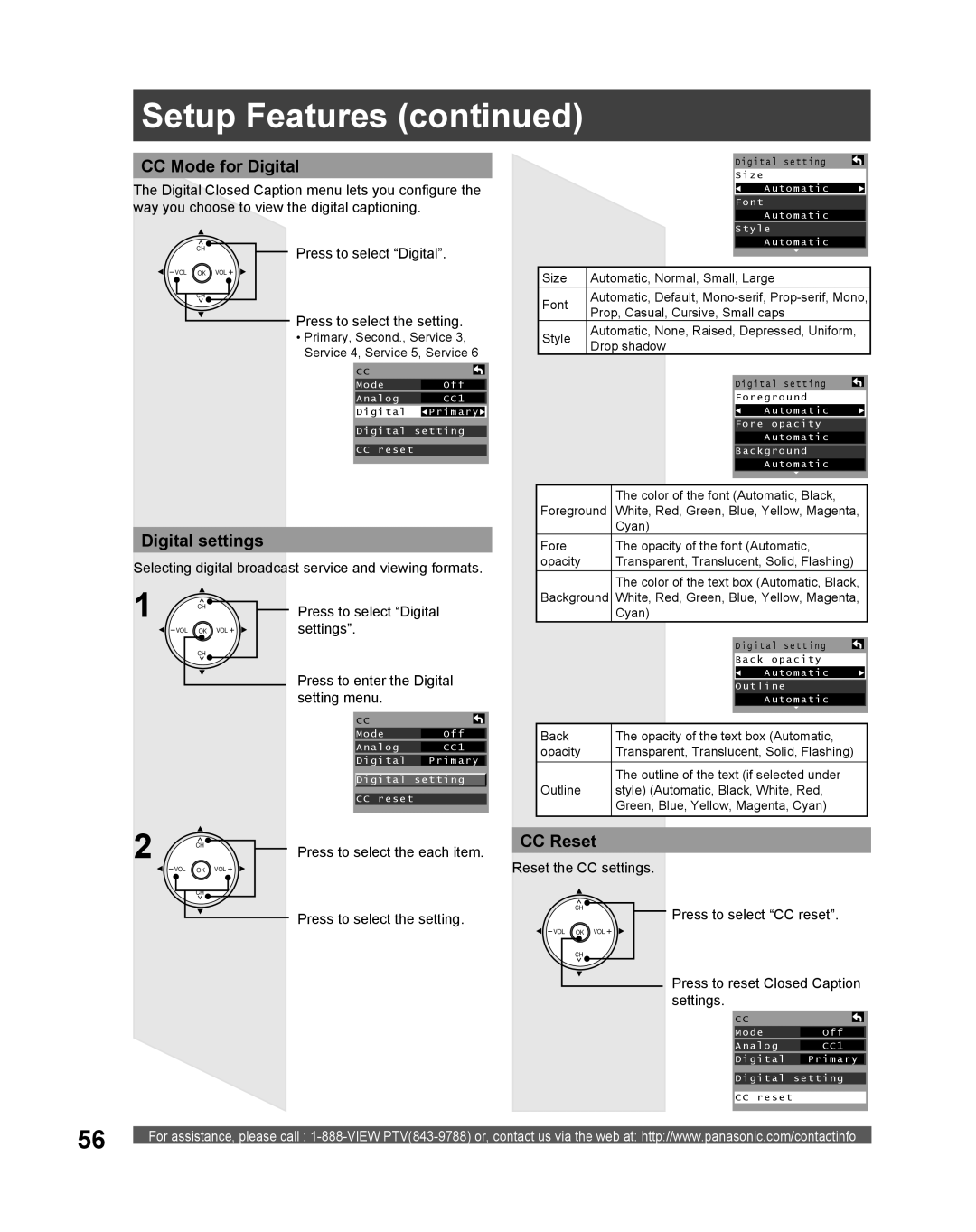 Panasonic PT 61DLX75 manual CC Mode for Digital, Digital settings, CC Reset, Press to select Digital, Settings 