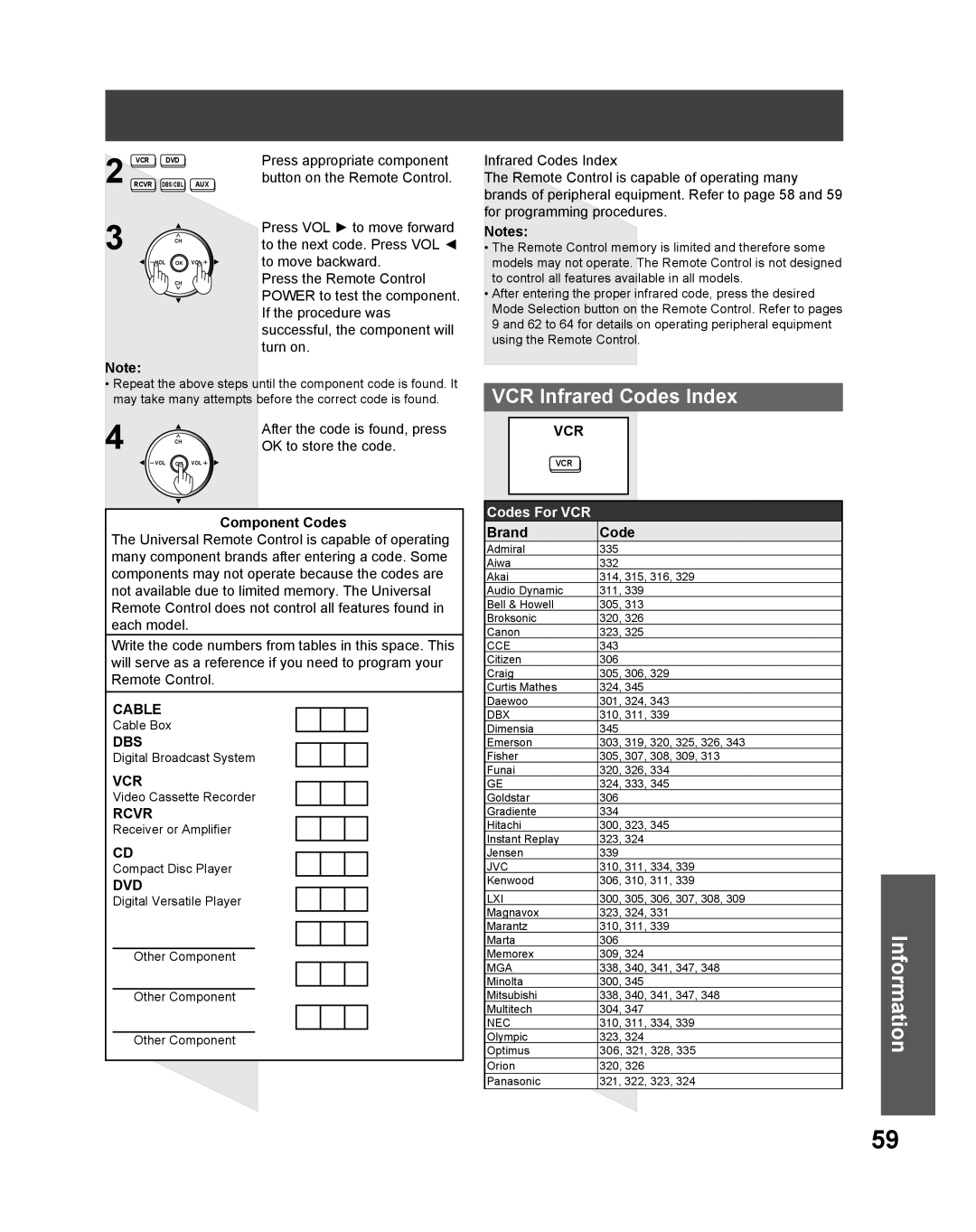 Panasonic PT 61DLX75 manual VCR Infrared Codes Index, After the code is found, press, OK to store the code, Component Codes 