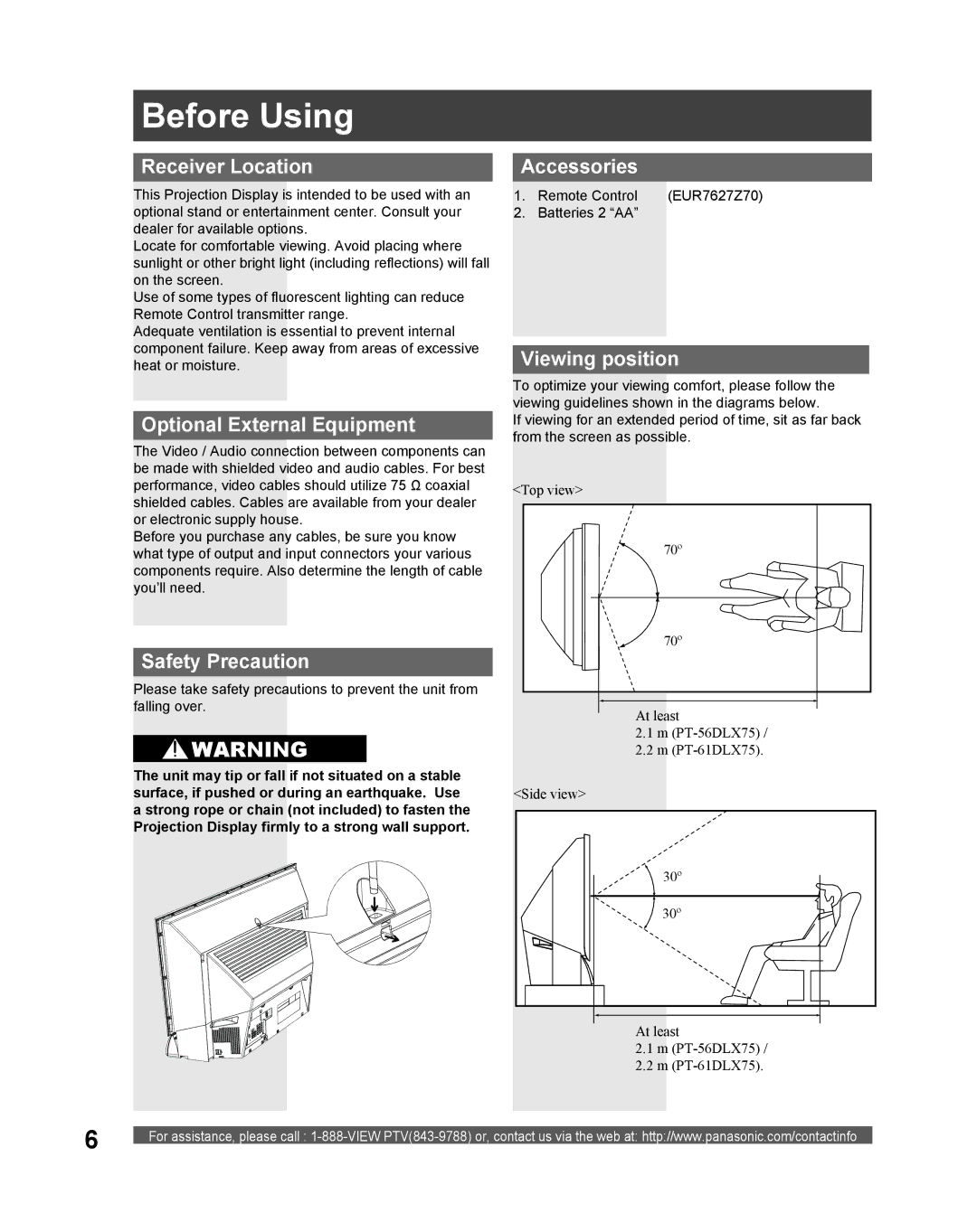 Panasonic PT 61DLX75 manual Before Using 