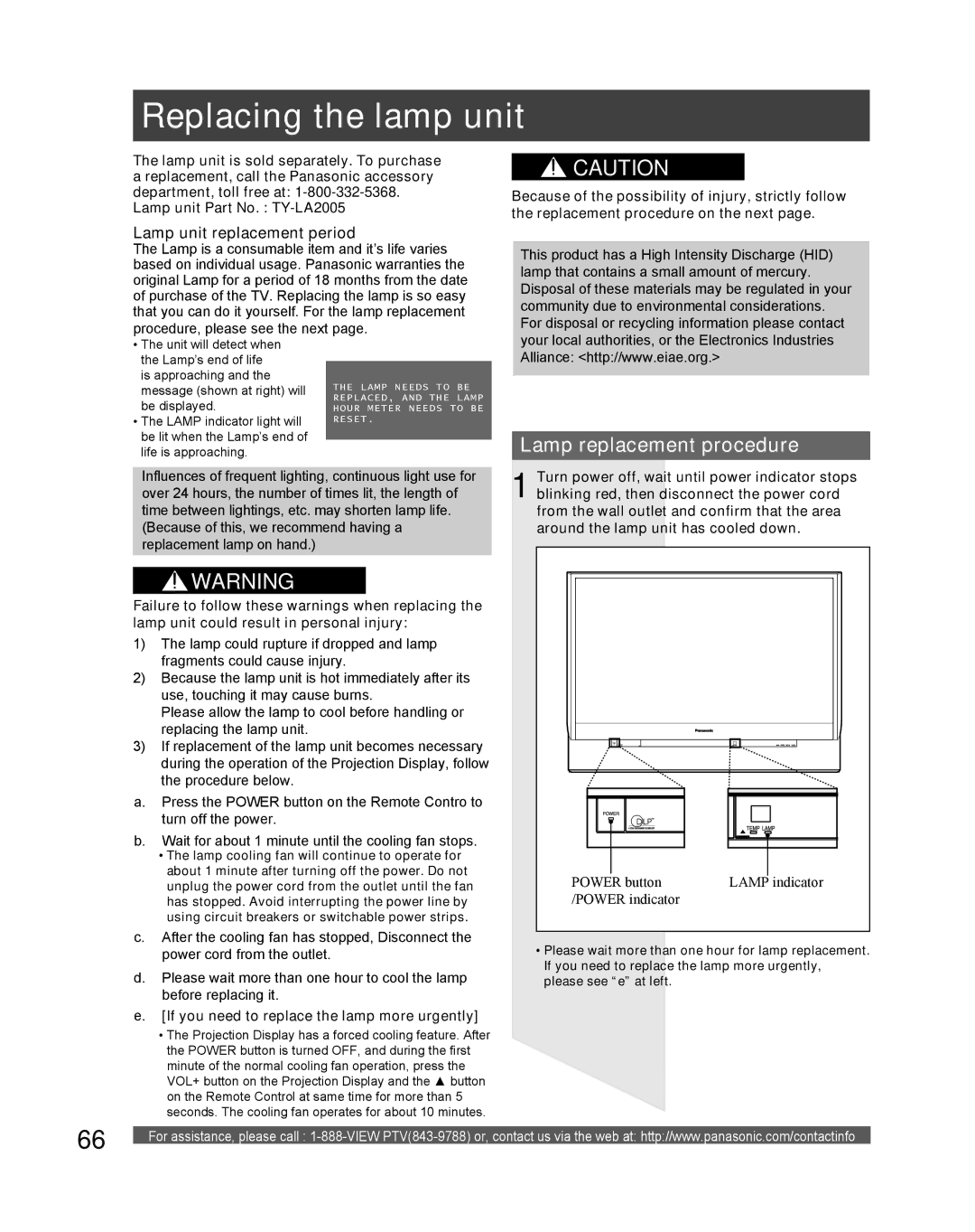 Panasonic PT 61DLX75 manual Replacing the lamp unit, Lamp replacement procedure, Lamp unit replacement period 