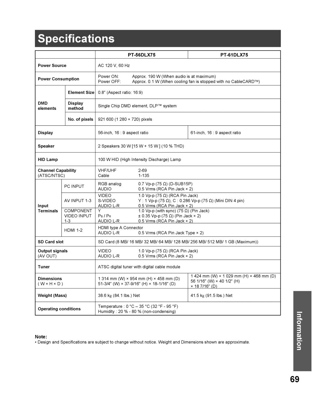 Panasonic PT 61DLX75 manual Specifications, PT-56DLX75 PT-61DLX75 