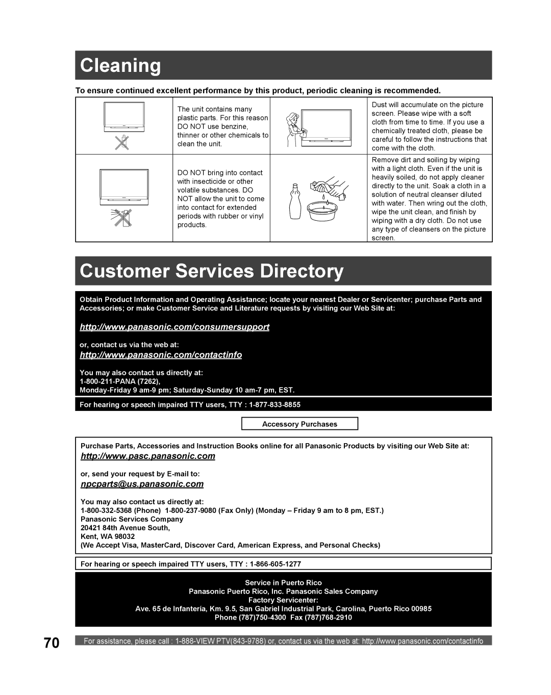 Panasonic PT 61DLX75 manual Cleaning, Customer Services Directory 