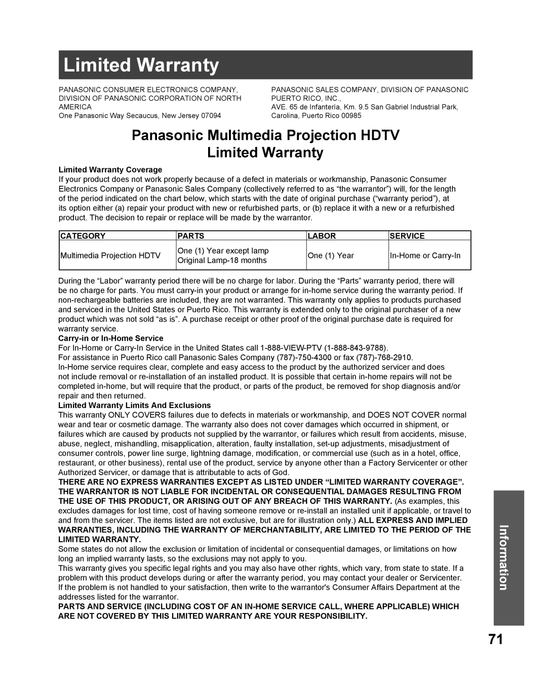 Panasonic PT 61DLX75 Limited Warranty Coverage, Carry-in or In-Home Service, Limited Warranty Limits And Exclusions 