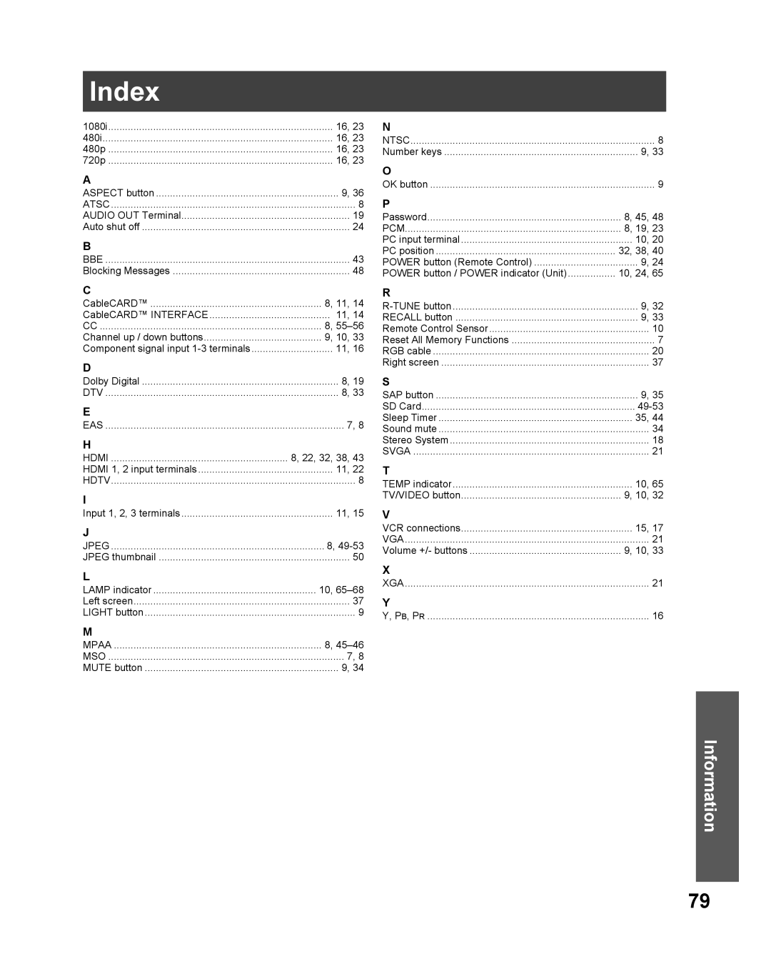 Panasonic PT 61DLX75 manual Index, Hdmi, Pcm 