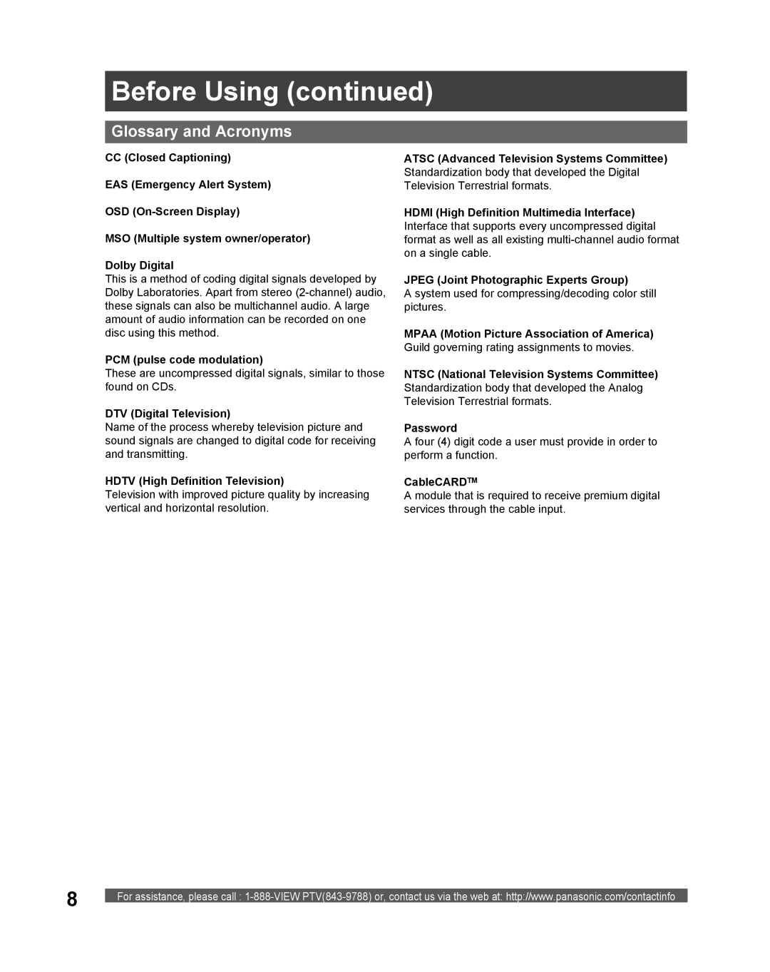 Panasonic PT 61DLX75 manual Glossary and Acronyms 