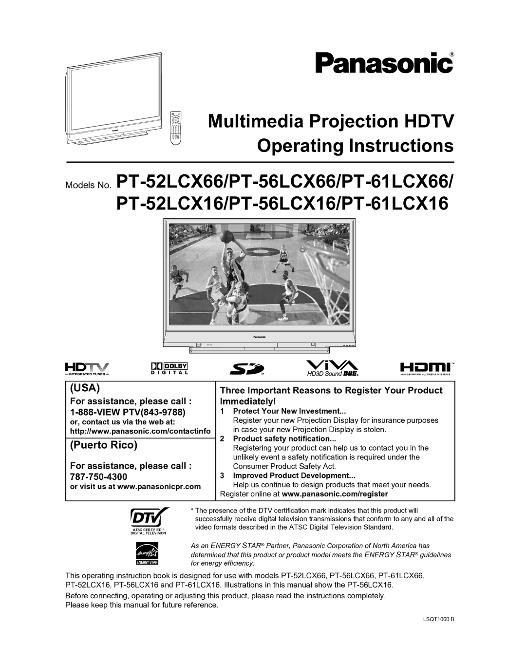 Panasonic PT-52LCX16, PT-61LCX16 manual Three Important Reasons to Register Your Product, For assistance, please call 