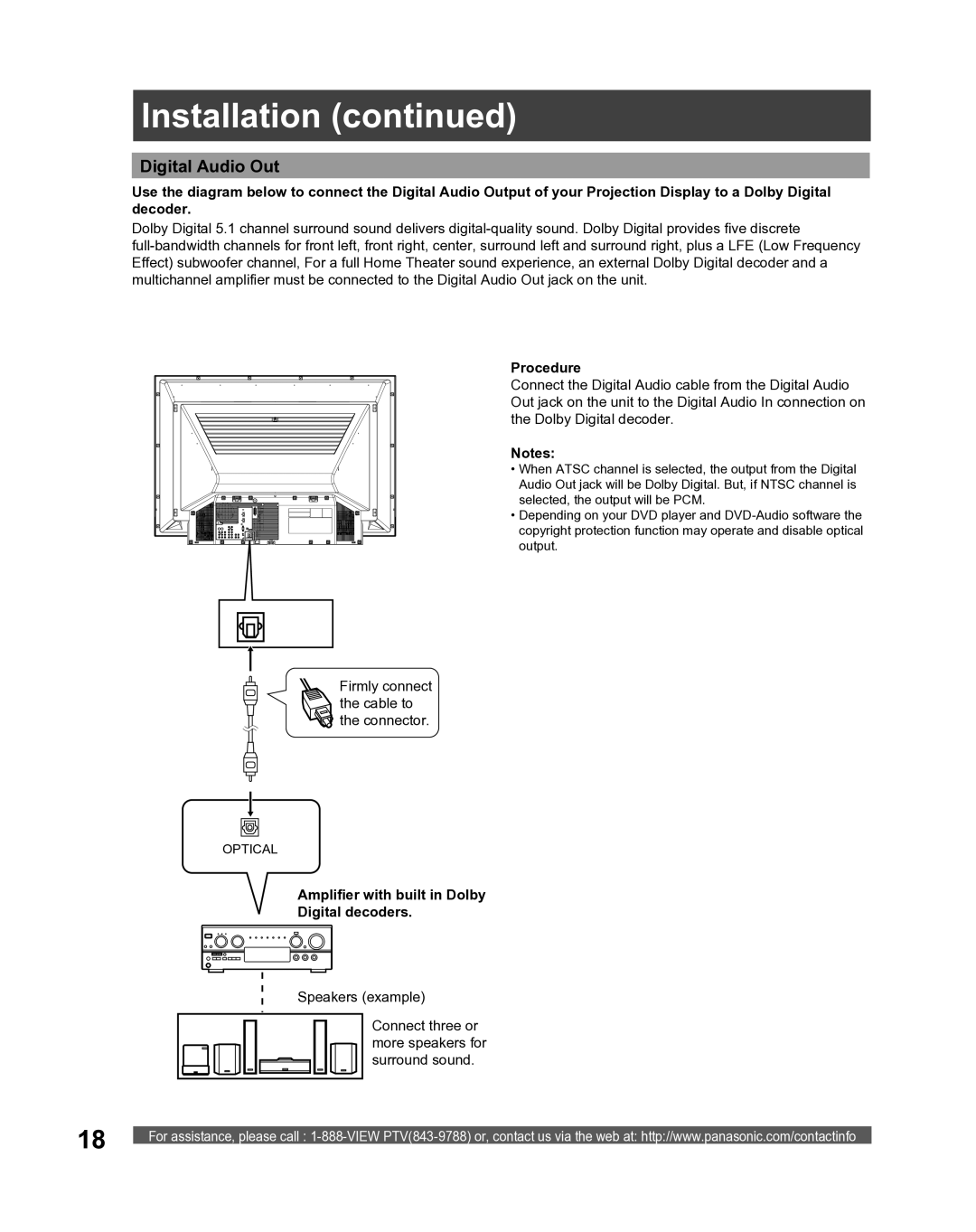 Panasonic PT-61LCX16, PT-52LCX16, PT-56LCX16 manual Digital Audio Out, Procedure, Firmly connect the cable to the connector 