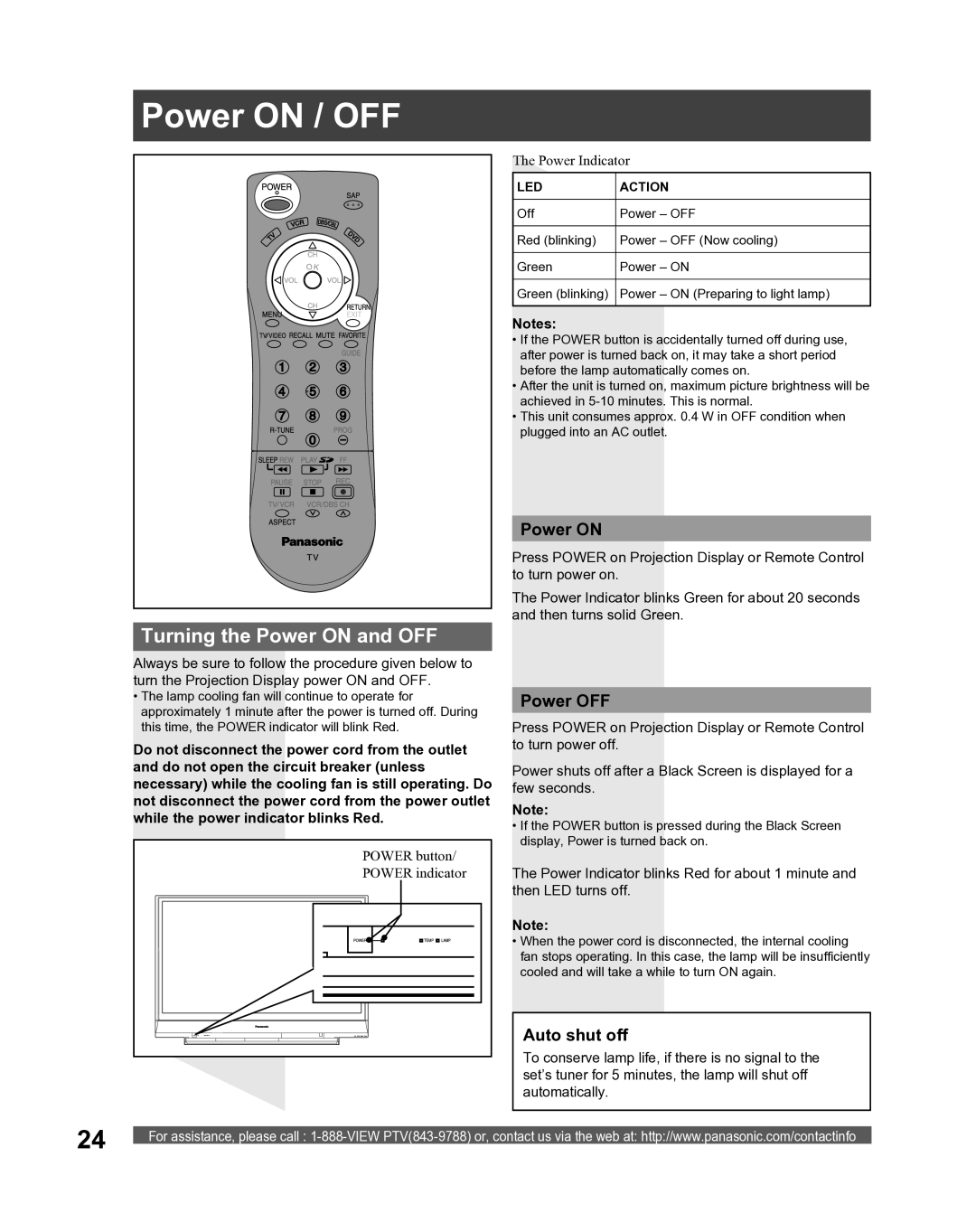 Panasonic PT-61LCX16, PT-52LCX16, PT-56LCX16 manual Power on / OFF, Turning the Power on and OFF, Power OFF, Auto shut off 