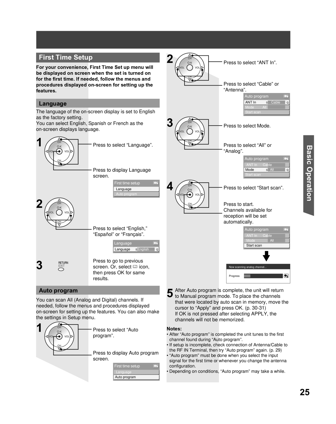 Panasonic PT-52LCX16 manual First Time Setup, Language, Auto program, Press to select ANT Press to select Cable or Antenna 