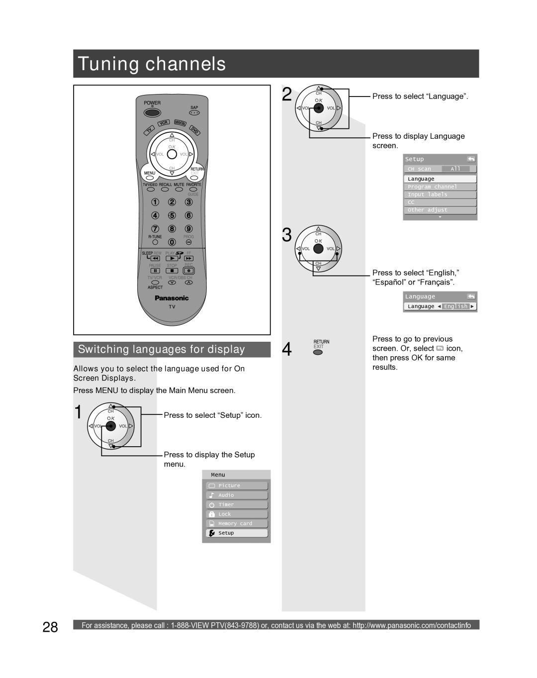 Panasonic PT 52LCX66, PT-61LCX16, PT-52LCX16, PT-56LCX16, PT 56LCX66 manual Tuning channels, Switching languages for display 