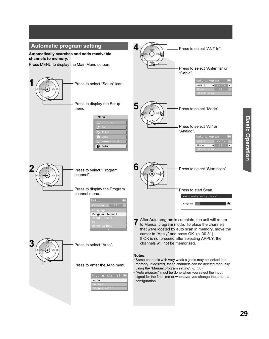 Panasonic PT 61LCX66, PT-61LCX16 manual Automatic program setting, Press to select ANT Press to select Antenna or Cable 