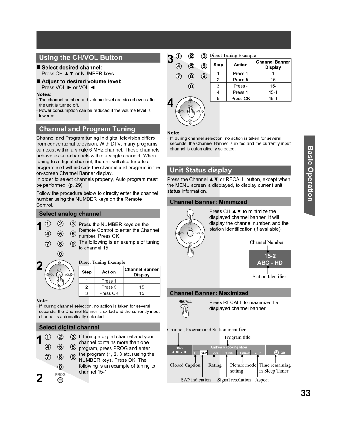 Panasonic PT 56LCX66, PT-61LCX16, PT-52LCX16 manual Using the CH/VOL Button, Channel and Program Tuning, Unit Status display 