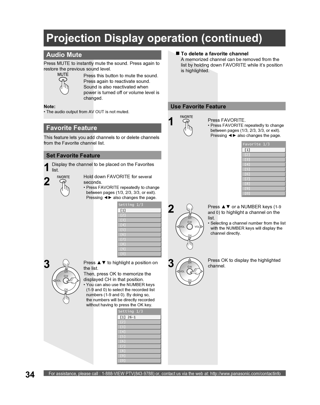 Panasonic PT 52LCX66, PT-61LCX16 Audio Mute, Set Favorite Feature, Use Favorite Feature, To delete a favorite channel 