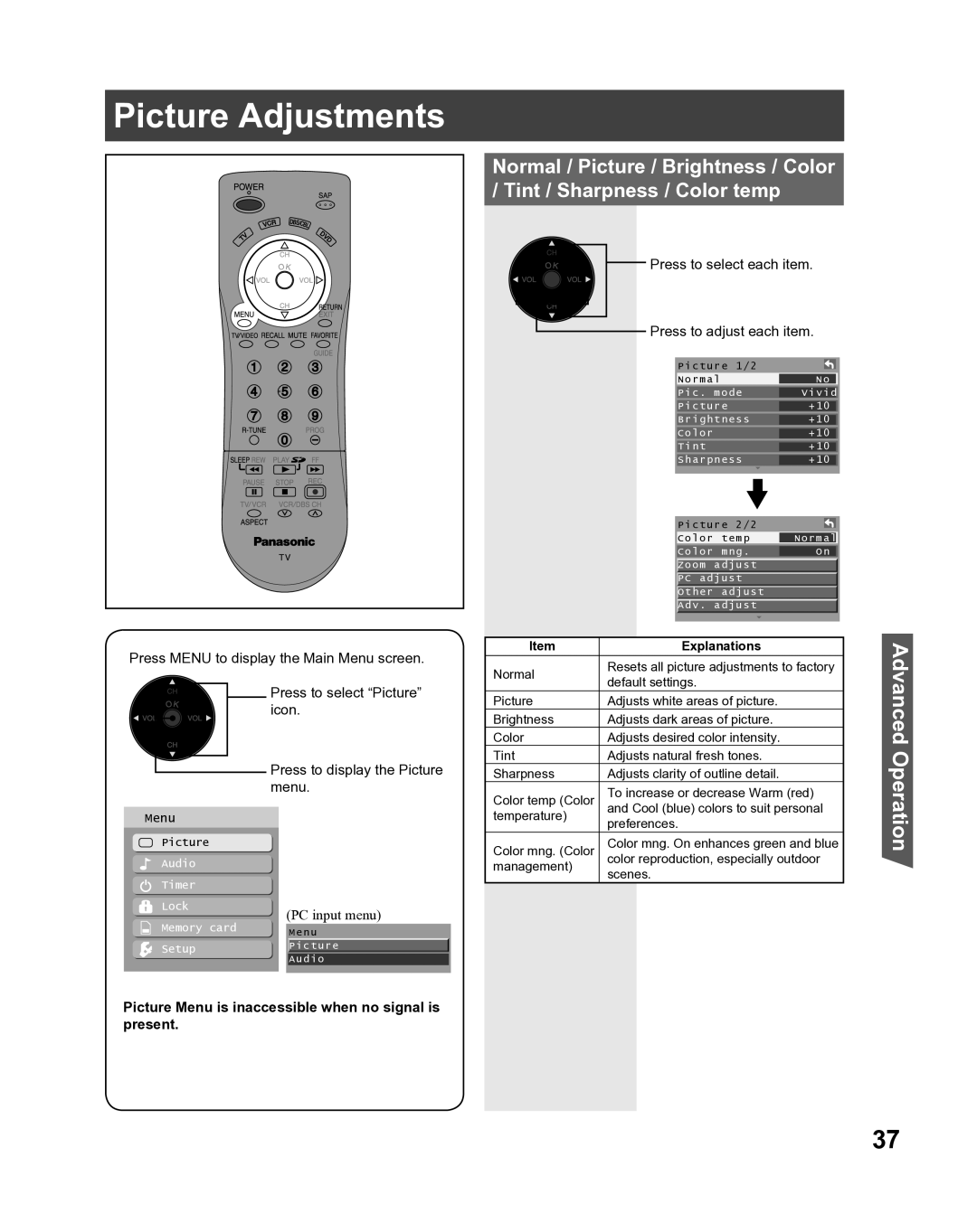 Panasonic PT-52LCX16, PT-61LCX16 Picture Adjustments, Press to select each item Press to adjust each item, Explanations 