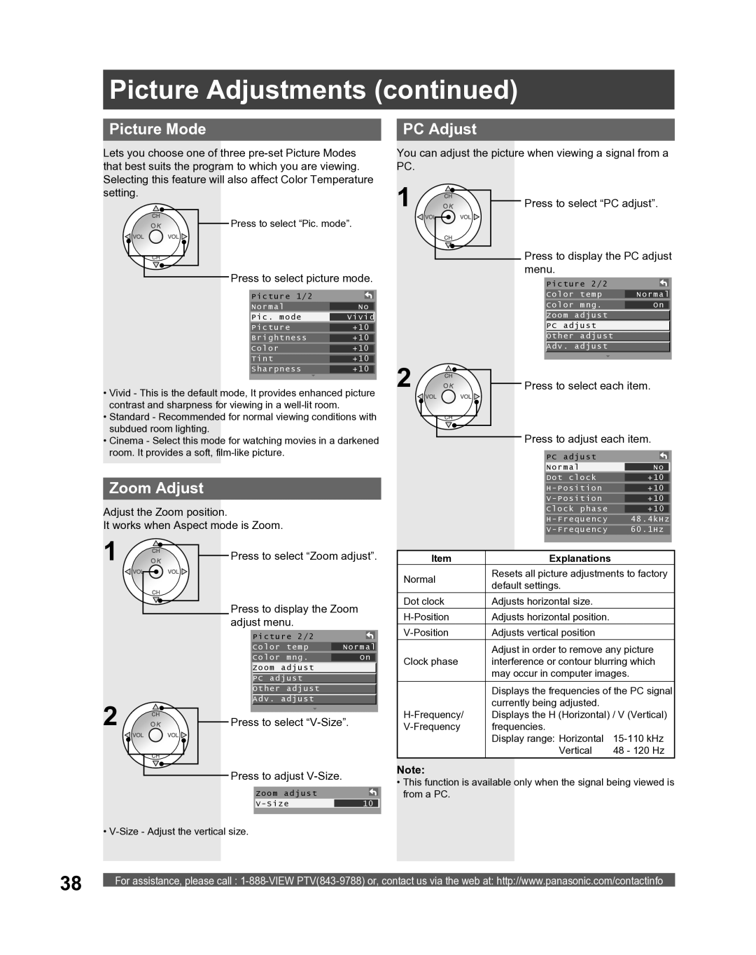 Panasonic PT-56LCX16, PT-61LCX16, PT-52LCX16, PT 56LCX66, PT 52LCX66, PT 61LCX66 manual Picture Mode, Zoom Adjust, PC Adjust 